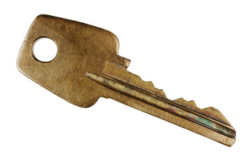 Old scratched used  bronze key from the English door lock