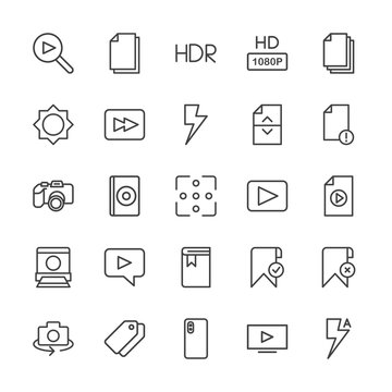 Modern Simple Set of video, photos, bookmarks, files Vector outline Icons. Contains such Icons as  travel,  internet, business,  music, hd and more on white background. Fully Editable. Pixel Perfect.