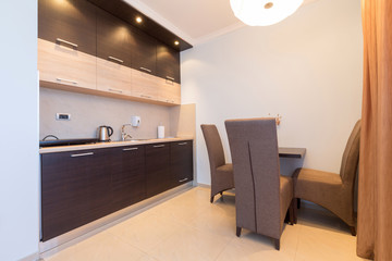 Kitchen in open plan hotel apartment interior