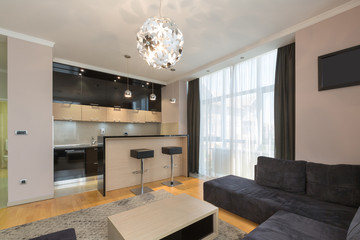 Interior of a modern open plan hotel apartment, living room