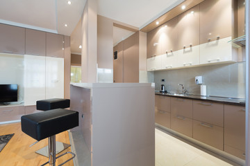 Kitchen in open plan hotel apartment interior