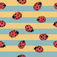 seamless striped yellow and blue background with ladybugs. Hand drawing illustration.