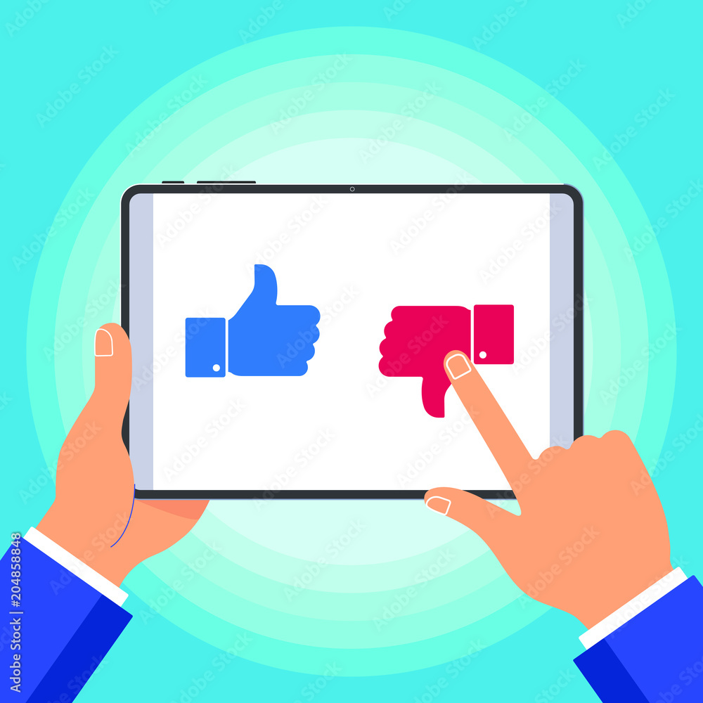 Poster hand holding black tablet device isolated on blue background. pad tablet on human hands with like di