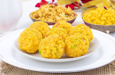 Laddu also know as laddoo, ladoo, laddo are ball-shaped sweets popular in the Indian festivals. Laddu are made of flour, minced dough and sugar with other ingredients