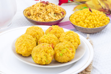 Laddu also know as laddoo, ladoo, laddo are ball-shaped sweets popular in the Indian festivals. Laddu are made of flour, minced dough and sugar with other ingredients