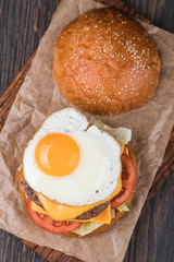 Burger on a wooden board