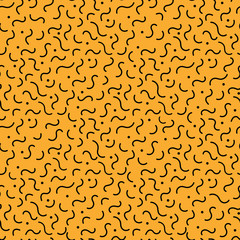 Cool abstract hipster style memphis seamless pattern. Trendy minimal texture with black wavy line and dot on orange background. Vector illustration in neo memphis art style for fashion fabric print