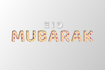 Eid Mubarak typography design with 3d paper cut letters and geometric pattern in muslim traditional style. White background. Vector illustration.