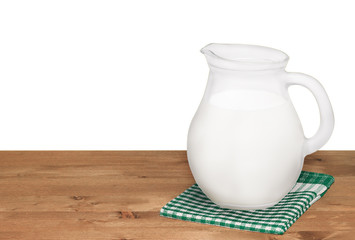 Empty wooden deck table with tablecloth for product montage. Fre