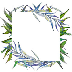 Willow branches in a watercolor style frame. Aquarelle leaf for background, texture, wrapper pattern, frame or border. © yanushkov