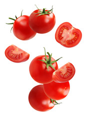 Falling (flying) tomato, isolated on white background.