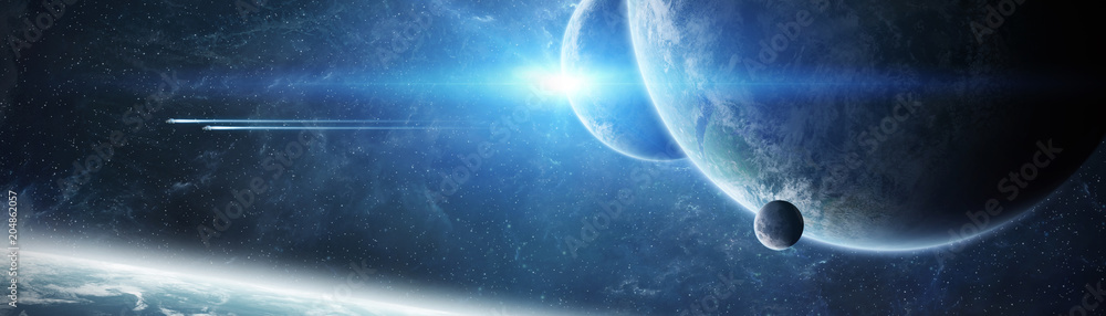 Fototapete Panoramic view of planets in distant solar system 3D rendering elements of this image furnished by NASA