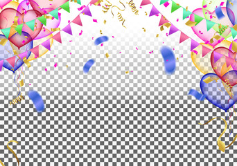 Vector party balloons illustration. Confetti and ribbons flag ribbons, Celebration background template
