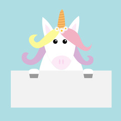 Unicorn head face hanging on paper board template. Pastel color rainbow hair. Flat lay design. Cute cartoon kawaii baby character. Funny horse. Happy Valentines Day. Love card. Blue background