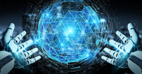 White robot hand using digital triangle exploding sphere hologram 3D rendering