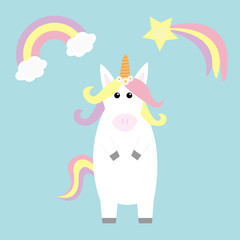 Obraz na płótnie Canvas Unicorn holding rainbow cloud comet meteor shooting falling star. Kawaii face. Pastel color. Flat lay design. Cute cartoon baby character. Funny horse. Happy Valentines Day. Love card Blue background