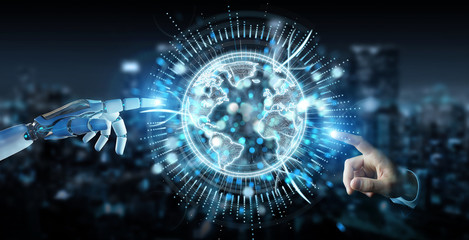 White robot hand using globe network hologram with America Usa map 3D rendering