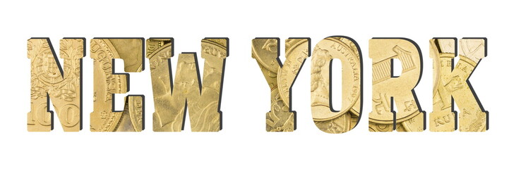 New York. Shiny golden coins textures for designers. White isolate