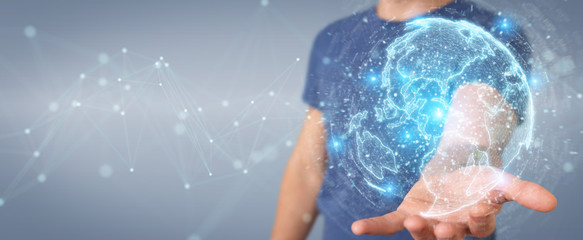 Businessman using globe network hologram with America Usa map 3D rendering