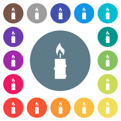 Burning candle with melting wax flat white icons on round color backgrounds