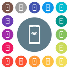 Cellphone with wireless network symbol flat white icons on round color backgrounds