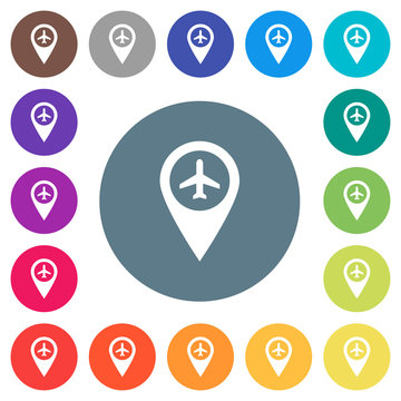 Airport GPS map location flat white icons on round color backgrounds