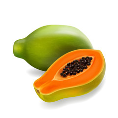 Papaya slice and whole fruit realistic illustration icon