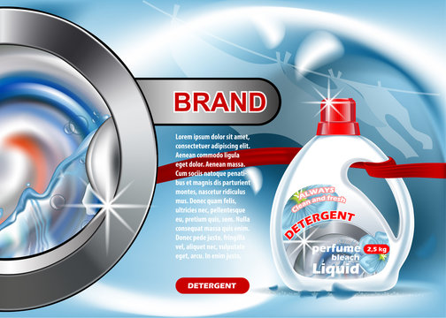 Washing powder liquid advert, on wash machine background. The template is of high quality.