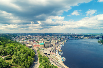 Skyline, Kiev city with beautiful sky. Right bank the Dnieper River. Podil district. Aerial view