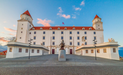 Fototapeta premium Bratislava Castle or Bratislavsky Hrad at Sunset. The Main Castle of Capital City of Slovakia.