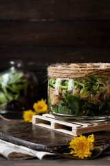 Salad from sprouts of sprouted soy and dandelion leaves in a jar