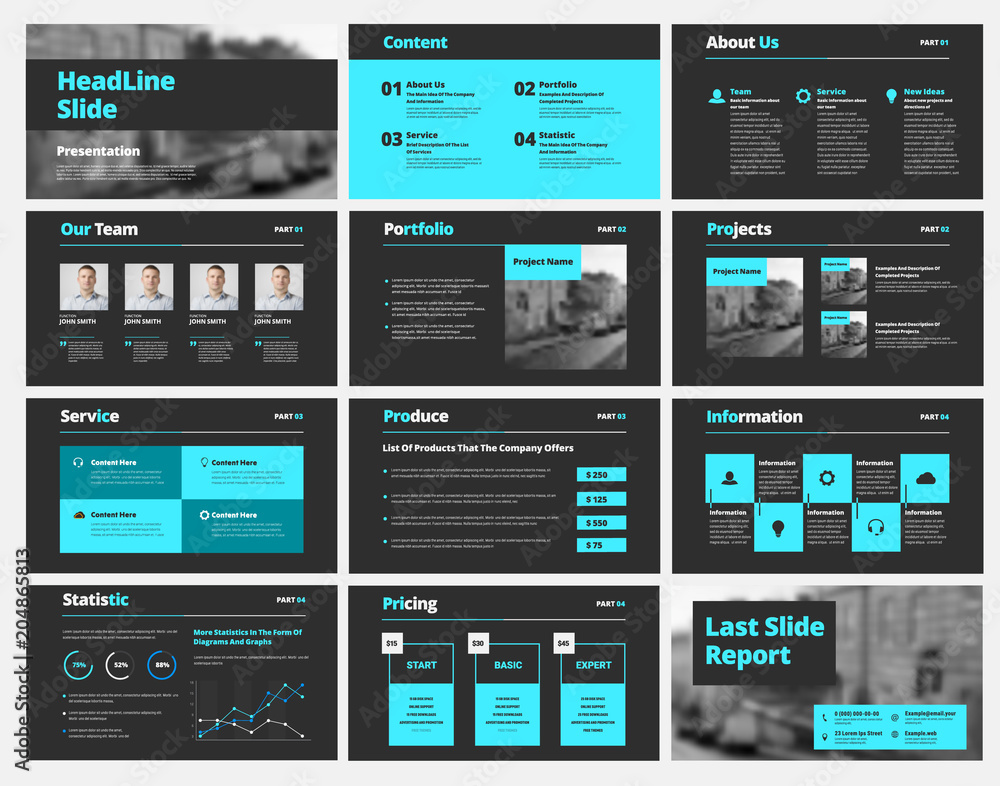 Poster Template of white vector slides for presentations and reports with blue elements. Universal design for business and advertising, banner and brochure . Set
