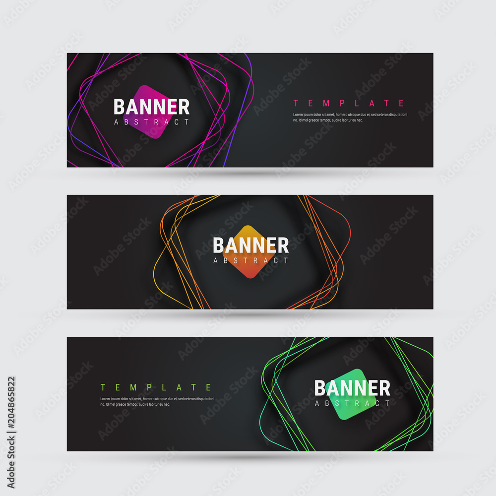 Poster template of a black vector banner with square multicolored lines with rounded corners with a shadow.