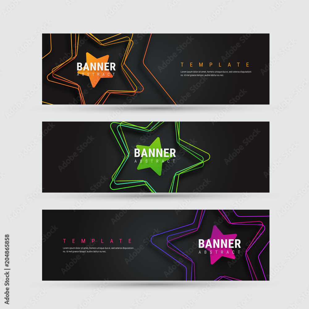 Poster design of a black horizontal vector banner with objects in the form of a star with a shadow