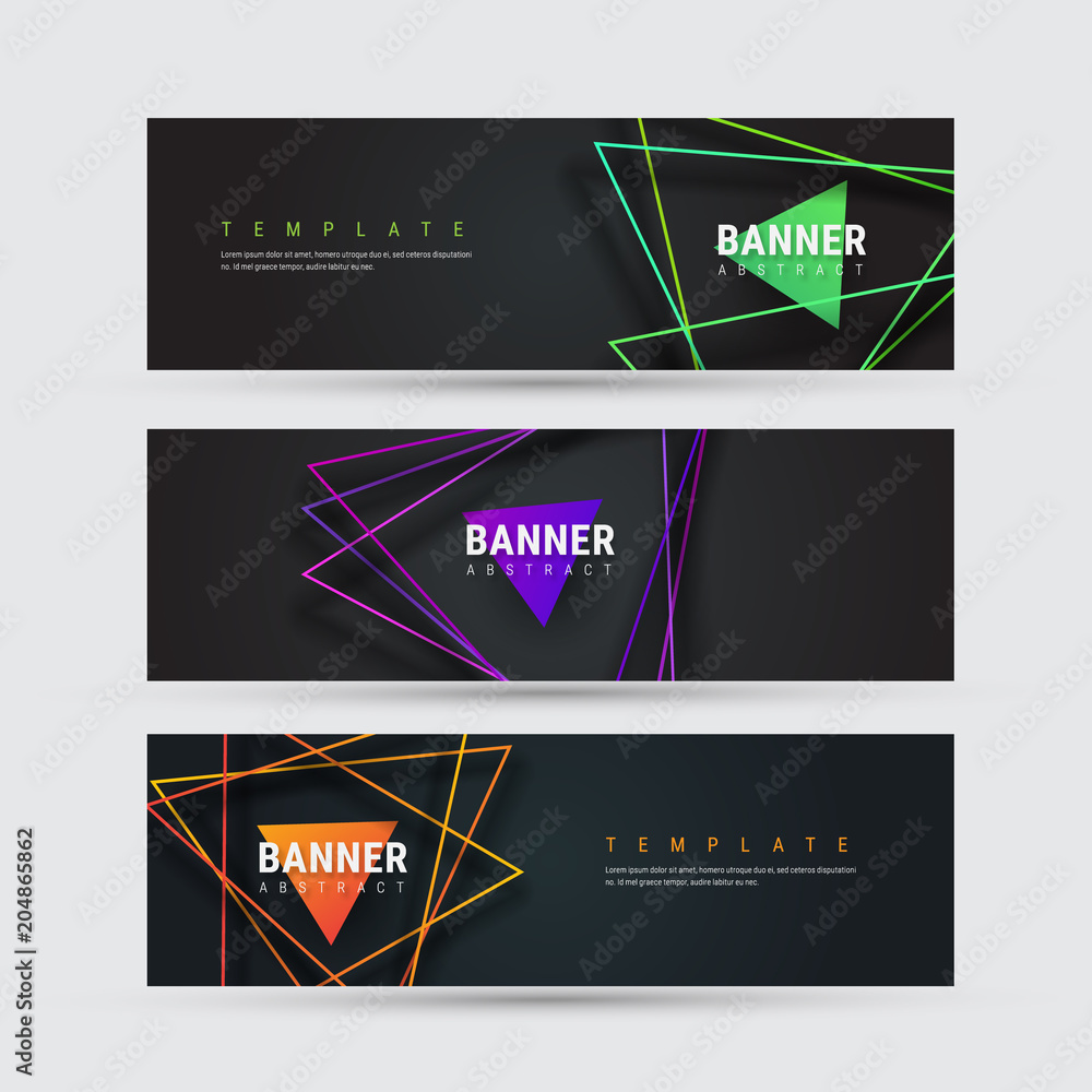 Poster design of a black horizontal vector banner with triangular multicolored intersecting lines with shad