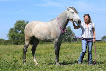 Obraz na płótnie Canvas Schimmel (Pferd) mit Reiterin in der freien Natur