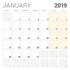 Calendar planner for January 2019. Week starts on Monday. Printable vector stationery design template
