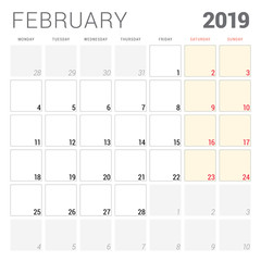 Calendar planner for February 2019. Week starts on Monday. Printable vector stationery design template