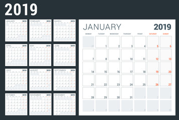 Calendar planner for 2019 year. Week starts on Monday. Printable vector stationery design template. Set of 12 months