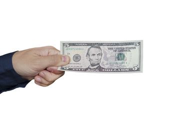 Human hand holding money, sharing 5 dollar banknotes. Isolated on white background. Hand giving...