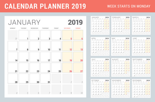 Calendar planner for 2019 year. Week starts on Monday. Printable vector stationery design template. Set of 12 months