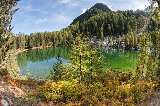 a natural hiden mountain lake among the woods in the Italian Apls