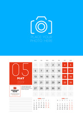 Wall calendar planner template for May 2019. Week starts on Monday. Vector illustration