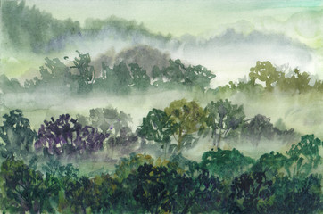 Hand drawn illustration of rainforest of vietnam. Foggy morning - obrazy, fototapety, plakaty