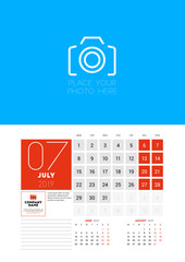Wall calendar planner template for July 2019. Week starts on Monday. Vector illustration