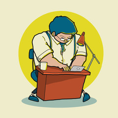 free hand illustration cartoon of business working on his desk