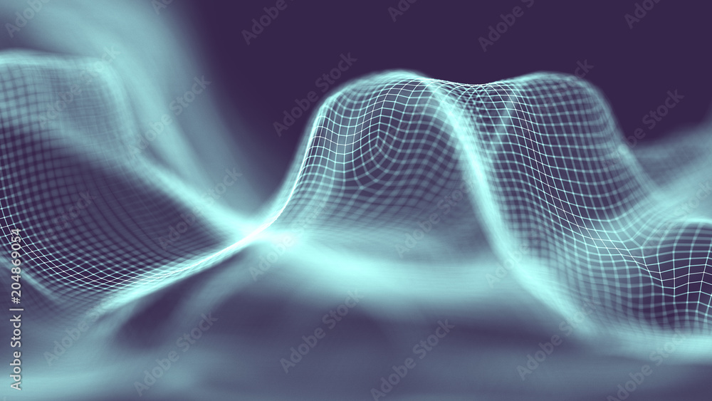 Poster Data technology abstract futuristic illustration . Low poly shape with connecting dots and lines on dark background. 3D rendering . Big data visualization .