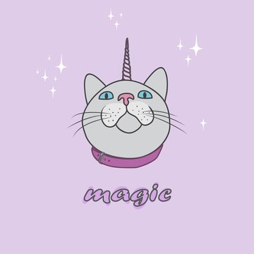 The muzzle of the cat that looks up. Cat with a horn. Vector magic illustration