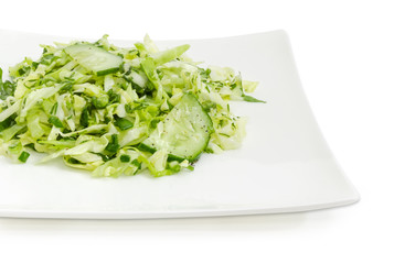 Fragment of dish with green vegetable salad closeup