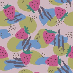 Bright seamless pattern with strawberries, lines, dots and dots. Vector illustration with a minimalist style
